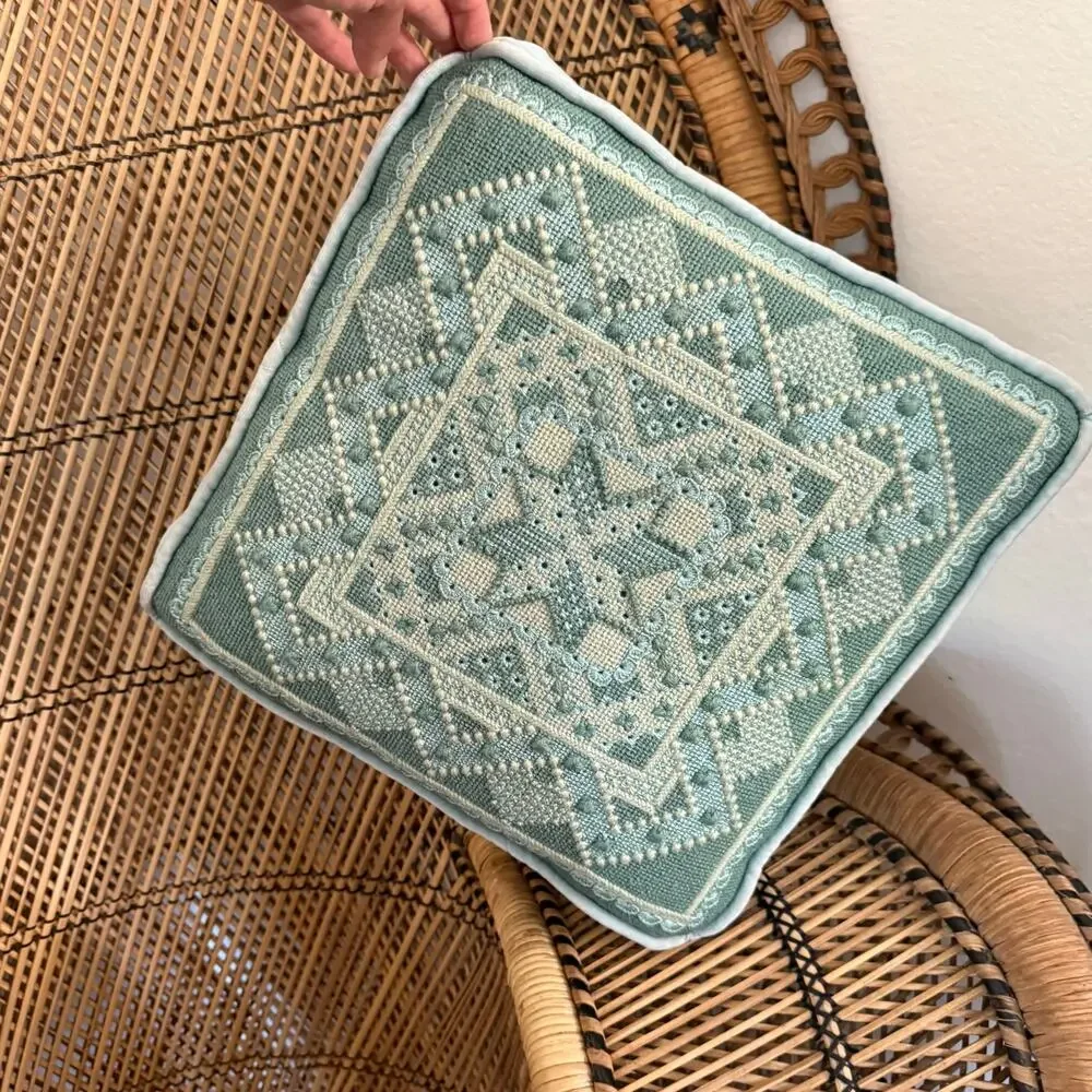 Vintage Hardanger Embroidery pillow blue decorative pillow 13x13 in